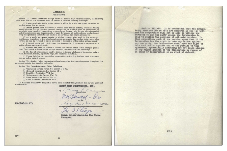 Three Stooges 28pp. Employment Contract for ''The Outer Space Picture'' -- Signed by Moe Howard, Larry Fine & Joe DeRita